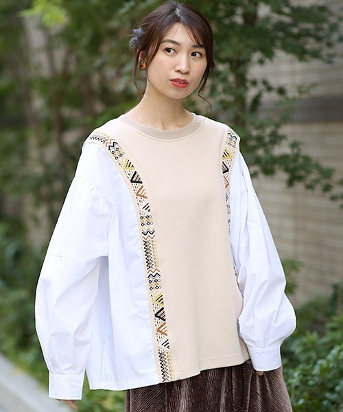 チチカカ(チチカカ)の「異素材コンビメヒコ刺繍プルオーバー(シャツ/ブラウス・レディース・カーキ/レッド/ベージュ・FREE)」の1枚目の写真