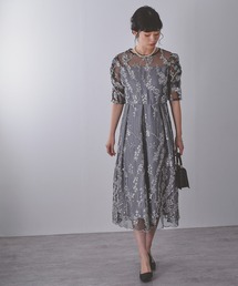 総レース 花柄 パフスリーブ バックリボン タックスカート 結婚式 お呼ばれ パーティー ドレス