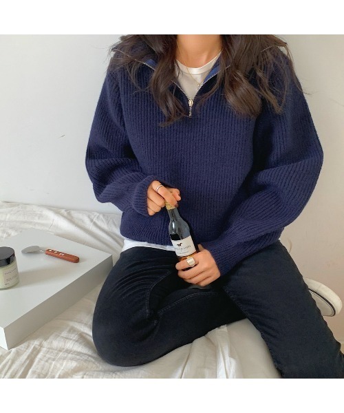 MINS MINIS（ミンスミニス）の「ハーフジップニット（ニット/セーター・レディース・アイボリー/ネイビー/ベージュ/ブラウン・FREE）」の8枚目の写真