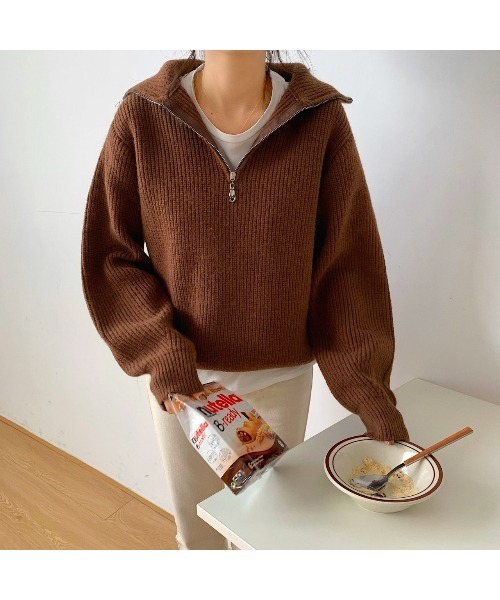 MINS MINIS（ミンスミニス）の「ハーフジップニット（ニット/セーター・レディース・アイボリー/ネイビー/ベージュ/ブラウン・FREE）」の6枚目の写真