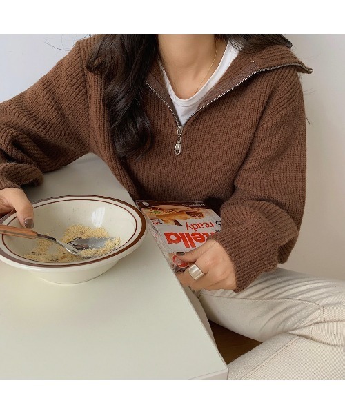 MINS MINIS（ミンスミニス）の「ハーフジップニット（ニット/セーター・レディース・アイボリー/ネイビー/ベージュ/ブラウン・FREE）」の9枚目の写真