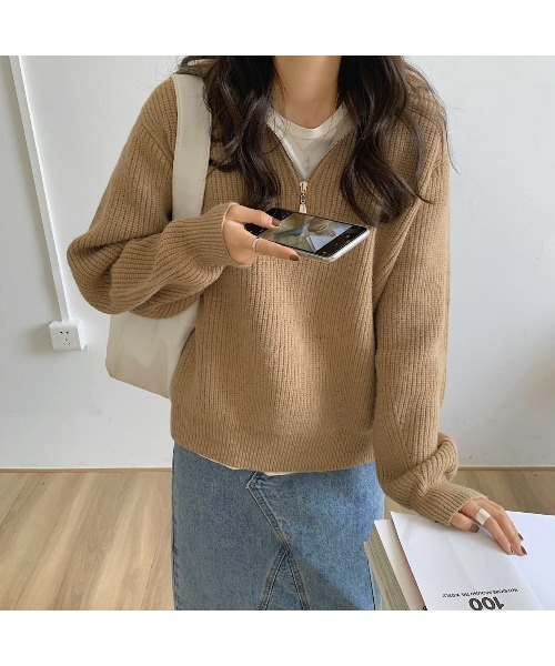 MINS MINIS（ミンスミニス）の「ハーフジップニット（ニット/セーター・レディース・アイボリー/ネイビー/ベージュ/ブラウン・FREE）」の13枚目の写真