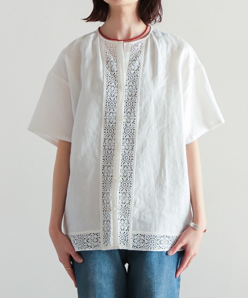 NOMBRE IMPAIR（ノンブルアンペール）の「リネン×レース 半袖ブラウス 