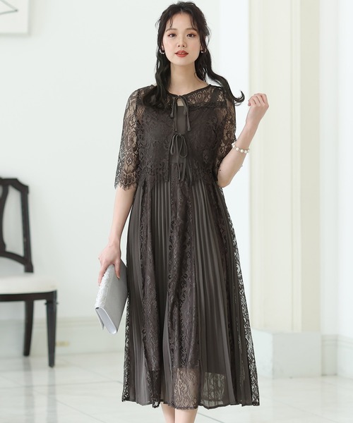 PourVous(プールヴー)の「結婚式 パーティー ドレス バックリボン ミモレ丈&七分袖 大きいサイズ フォーマル オケージョンドレス お呼ばれ 二次会 成人式 (ドレス・レディース・グレイッシュブルー/パープル/カーキ/グレイッシュベージュ/ネイビー系/チャコールグレー・M)」の2枚目の写真