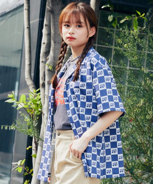 atmos pink（アトモスピンク）の「atmos pink チェッカー柄開襟シャツ（シャツ/ブラウス・レディース・ネイビー/ブルー/ブラウン・FREE）」の7枚目の写真