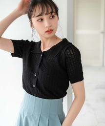 透かし編み半袖ニットカーディガン