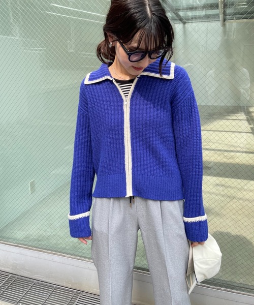 fredy emue（フレディエミュ）の「衿付き配色ZIPカーディガン（カーディガン/ボレロ・レディース・ブルー/グレー/ベージュ・38）」の8枚目の写真