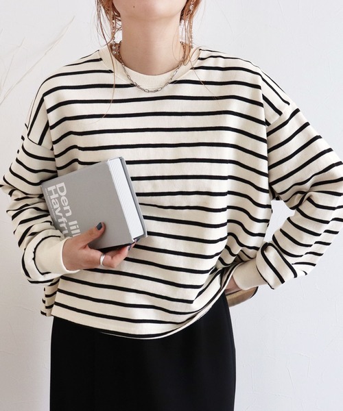 reca(レカ)の「ショート丈裏毛ボーダープルオーバー(Tシャツ/カットソー・レディース・チャコールグレー/パープル/オフホワイト・FREE)」の1枚目の写真