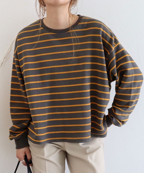 reca(レカ)の「ショート丈裏毛ボーダープルオーバー(Tシャツ/カットソー・レディース・チャコールグレー/パープル/オフホワイト・FREE)」の2枚目の写真