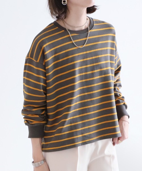 reca(レカ)の「ショート丈裏毛ボーダープルオーバー(Tシャツ/カットソー・レディース・チャコールグレー/パープル/オフホワイト・FREE)」の9枚目の写真