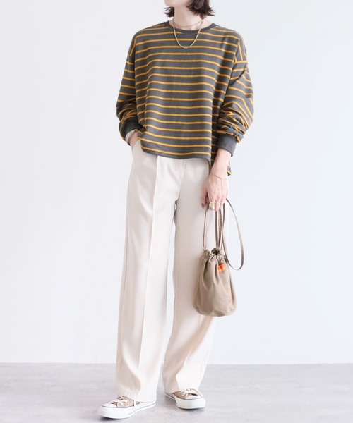 reca(レカ)の「ショート丈裏毛ボーダープルオーバー(Tシャツ/カットソー・レディース・チャコールグレー/パープル/オフホワイト・FREE)」の12枚目の写真