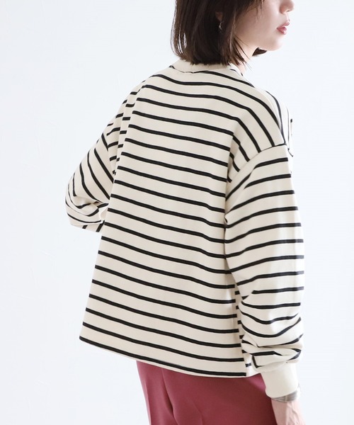 reca(レカ)の「ショート丈裏毛ボーダープルオーバー(Tシャツ/カットソー・レディース・チャコールグレー/パープル/オフホワイト・FREE)」の4枚目の写真