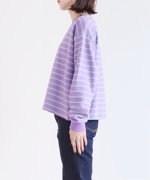 reca(レカ)の「ショート丈裏毛ボーダープルオーバー(Tシャツ/カットソー・レディース・チャコールグレー/パープル/オフホワイト・FREE)」の18枚目の写真