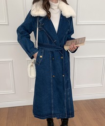 エコーファー襟デニムロングコート