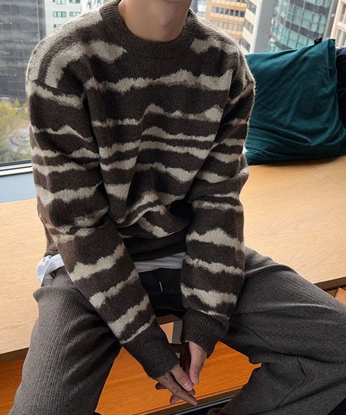 ASCLO(エジュクロ)の「ASCLO Zebra Border Knit(ニット/セーター・メンズ・ブラウン/オリーブ・FREE)」の2枚目の写真
