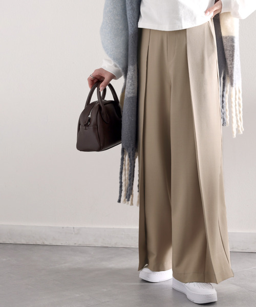 セール】揺れ動く、美シルエット。リネンライク深めタックワイドパンツ