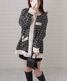 ツイードニットジップブルゾン　ケーブルレースデザインカーディガン　2点セット ツイードニットジップブルゾン ケーブルレースデザインカーディガン 2