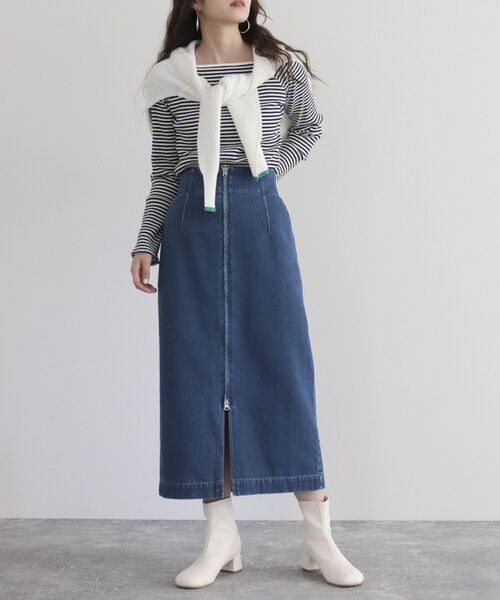 fredy emue（フレディエミュ）の「デニム前ファスナータイトスカート（デニムスカート・レディース・ネイビー/ブルー・36/38）」の2枚目の写真