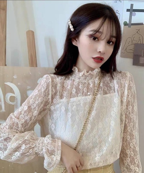 pumpkin port(パンプキンポート)の「【M,L,LL 3サイズ展開】レース プチハイ 長袖 カットソー(Tシャツ/カットソー・レディース・アイボリー/ブラック・MEDIUM/LL/L)」の2枚目の写真