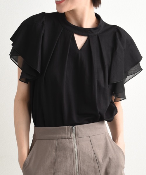 INTERPLANET(インタープラネット)の「【接触冷感】シフォン配色スリーブプルオーバー(Tシャツ/カットソー・レディース・オフホワイト/グレイッシュベージュ/ブラック・FREE)」の4枚目の写真