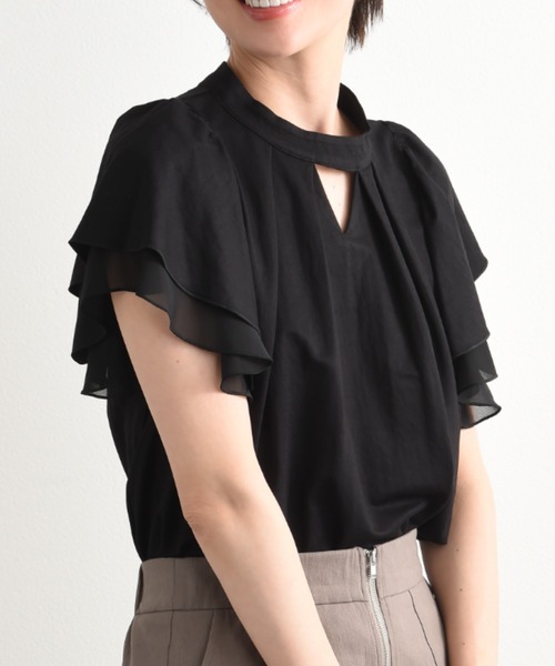 INTERPLANET(インタープラネット)の「【接触冷感】シフォン配色スリーブプルオーバー(Tシャツ/カットソー・レディース・オフホワイト/グレイッシュベージュ/ブラック・FREE)」の5枚目の写真