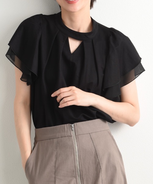 INTERPLANET(インタープラネット)の「【接触冷感】シフォン配色スリーブプルオーバー(Tシャツ/カットソー・レディース・オフホワイト/グレイッシュベージュ/ブラック・FREE)」の9枚目の写真