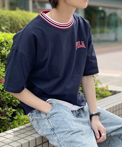 FILA（フィラ）の「FILA フィラ ブランド ロゴ ワンポイント 刺繍 ライン リブ コットン 半袖 Tシャツ（Tシャツ/カットソー・メンズ・ブラック/ネイビー/ホワイト・L/M/LL）」の3枚目の写真