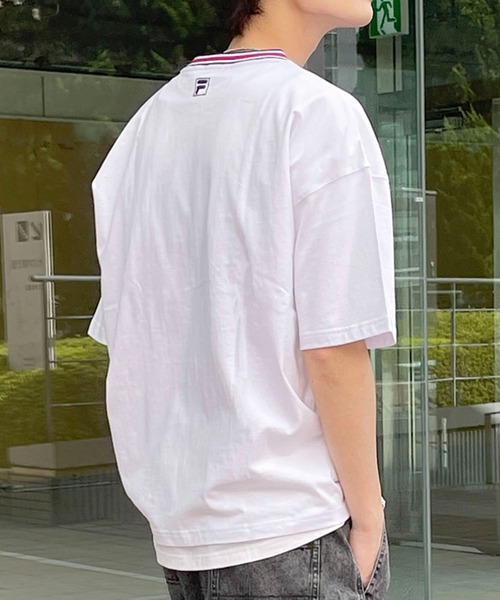 FILA（フィラ）の「FILA フィラ ブランド ロゴ ワンポイント 刺繍 ライン リブ コットン 半袖 Tシャツ（Tシャツ/カットソー・メンズ・ブラック/ネイビー/ホワイト・L/M/LL）」の12枚目の写真