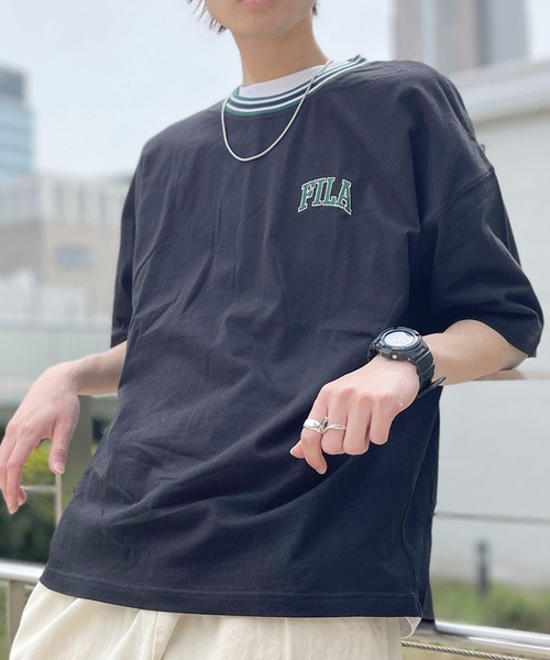 FILA（フィラ）の「FILA フィラ ブランド ロゴ ワンポイント 刺繍 ライン リブ コットン 半袖 Tシャツ（Tシャツ/カットソー・メンズ・ブラック/ネイビー/ホワイト・L/M/LL）」の6枚目の写真