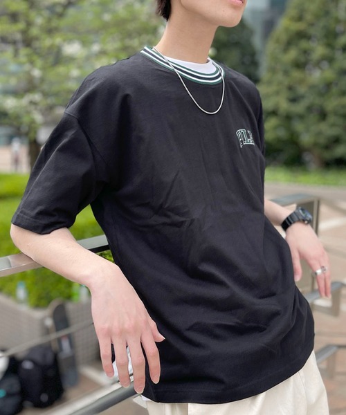 FILA（フィラ）の「FILA フィラ ブランド ロゴ ワンポイント 刺繍 ライン リブ コットン 半袖 Tシャツ（Tシャツ/カットソー・メンズ・ブラック/ネイビー/ホワイト・L/M/LL）」の5枚目の写真