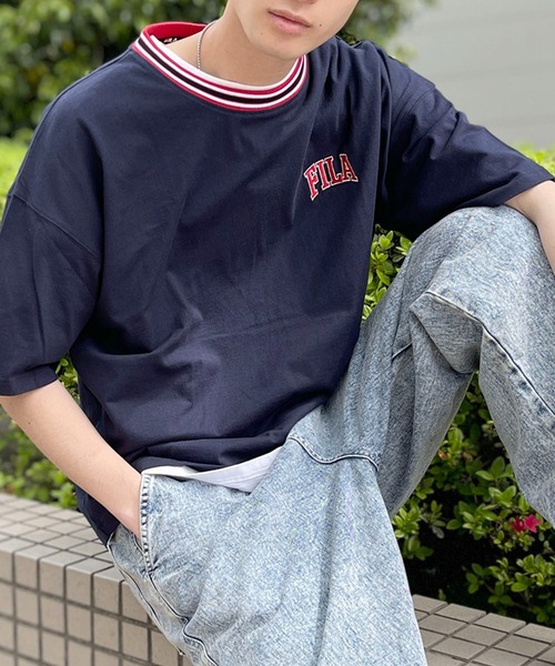 FILA（フィラ）の「FILA フィラ ブランド ロゴ ワンポイント 刺繍 ライン リブ コットン 半袖 Tシャツ（Tシャツ/カットソー・メンズ・ブラック/ネイビー/ホワイト・L/M/LL）」の7枚目の写真