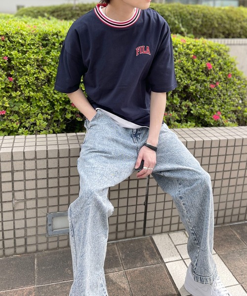 FILA（フィラ）の「FILA フィラ ブランド ロゴ ワンポイント 刺繍 ライン リブ コットン 半袖 Tシャツ（Tシャツ/カットソー・メンズ・ブラック/ネイビー/ホワイト・L/M/LL）」の8枚目の写真