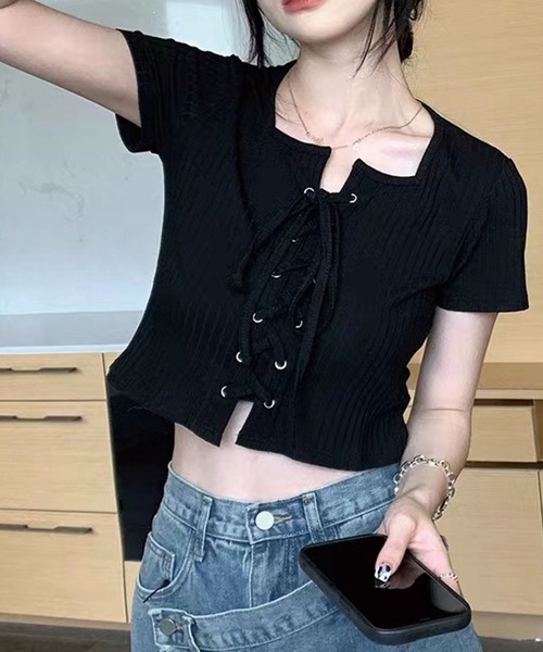 SPIGA（スピーガ）の「ﾌﾛﾝﾄﾚｰｽｱｯﾌﾟﾘﾌﾞﾄｯﾌﾟｽ（Tシャツ/カットソー・レディース・ホワイト/ブラック/グレー・FREE）」の4枚目の写真