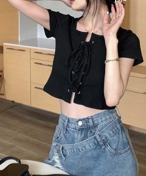 SPIGA（スピーガ）の「ﾌﾛﾝﾄﾚｰｽｱｯﾌﾟﾘﾌﾞﾄｯﾌﾟｽ（Tシャツ/カットソー・レディース・ホワイト/ブラック/グレー・FREE）」の5枚目の写真