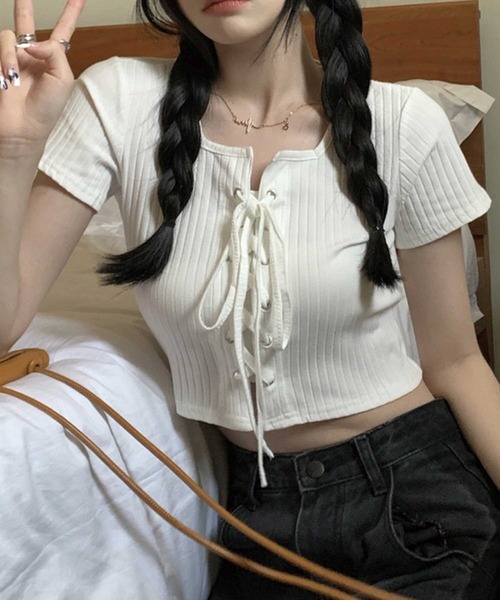 ﾌﾛﾝﾄﾚｰｽｱｯﾌﾟﾘﾌﾞﾄｯﾌﾟｽ（Tシャツ/カットソー）｜SPIGA（スピーガ