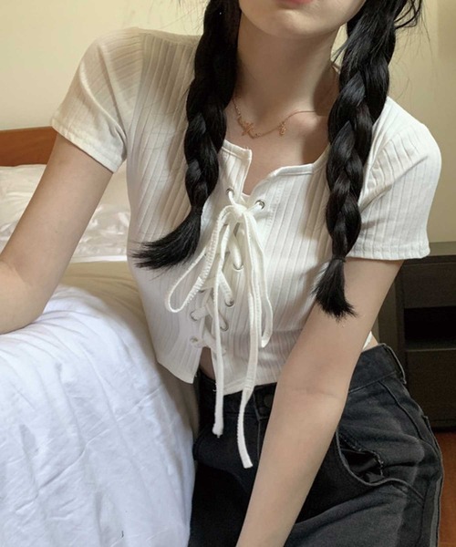 SPIGA（スピーガ）の「ﾌﾛﾝﾄﾚｰｽｱｯﾌﾟﾘﾌﾞﾄｯﾌﾟｽ（Tシャツ/カットソー・レディース・ホワイト/ブラック/グレー・FREE）」の9枚目の写真