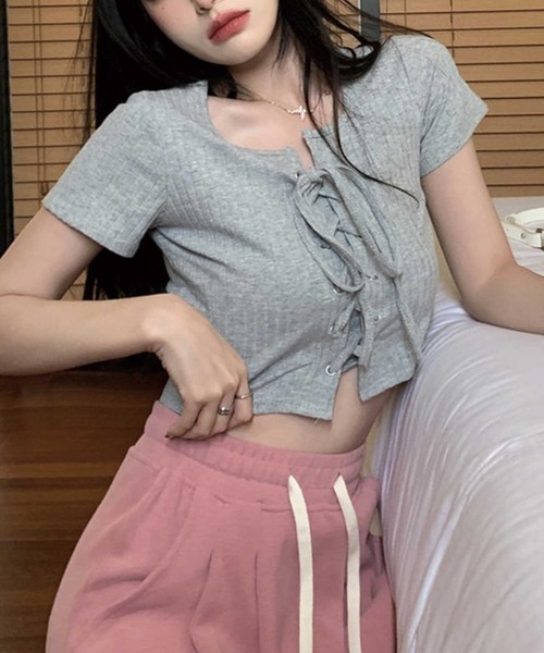 SPIGA（スピーガ）の「ﾌﾛﾝﾄﾚｰｽｱｯﾌﾟﾘﾌﾞﾄｯﾌﾟｽ（Tシャツ/カットソー・レディース・ホワイト/ブラック/グレー・FREE）」の11枚目の写真