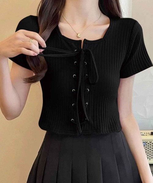 SPIGA（スピーガ）の「ﾌﾛﾝﾄﾚｰｽｱｯﾌﾟﾘﾌﾞﾄｯﾌﾟｽ（Tシャツ/カットソー・レディース・ホワイト/ブラック/グレー・FREE）」の14枚目の写真