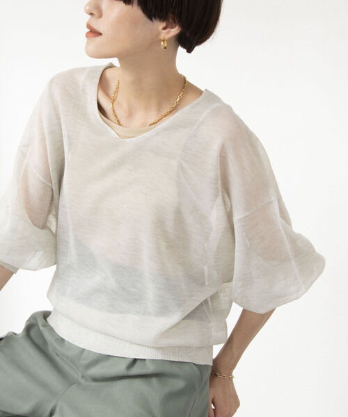 Rie Miller（リエミラー）の「シアー2WAYプルオーバーニット（ニット/セーター・レディース・ライトグレー/ブラック/グリーン・38）」の3枚目の写真