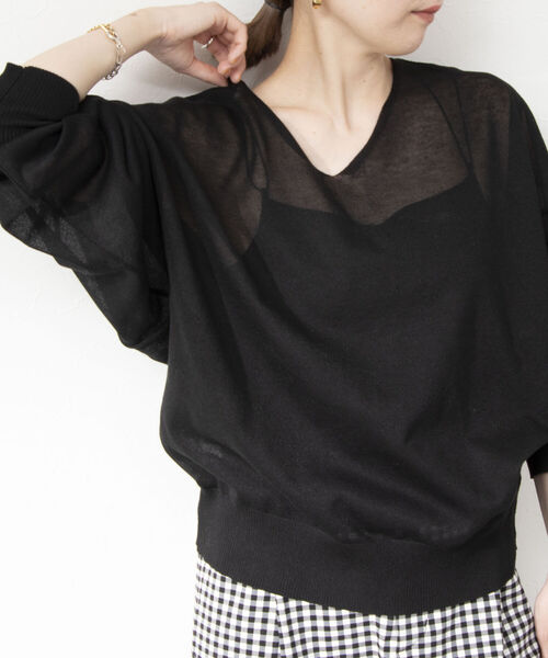 Rie Miller（リエミラー）の「シアー2WAYプルオーバーニット（ニット/セーター・レディース・ライトグレー/ブラック/グリーン・38）」の2枚目の写真