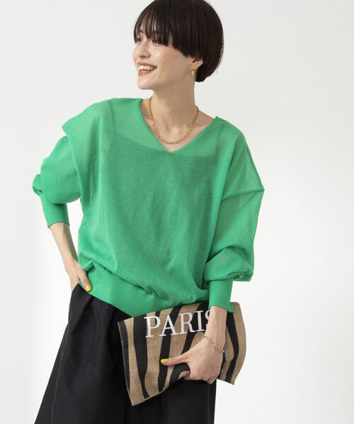 Rie Miller（リエミラー）の「シアー2WAYプルオーバーニット（ニット/セーター・レディース・ライトグレー/ブラック/グリーン・38）」の4枚目の写真