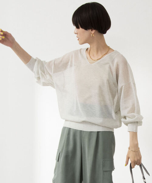 Rie Miller（リエミラー）の「シアー2WAYプルオーバーニット（ニット/セーター・レディース・ライトグレー/ブラック/グリーン・38）」の12枚目の写真