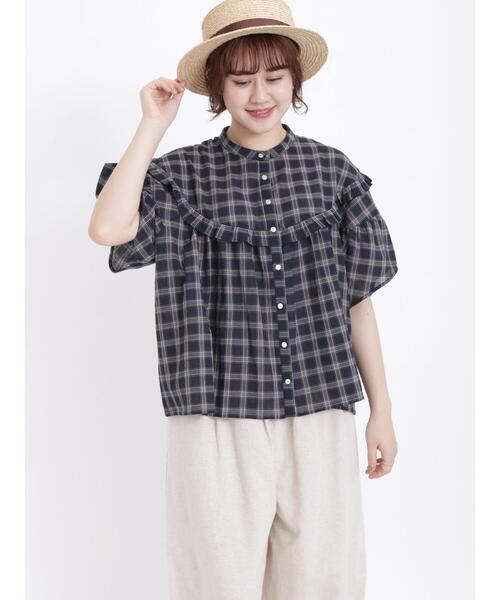 Samansa Mos2（サマンサ モスモス）の「柄アソートフリル切替ブラウス（シャツ/ブラウス・レディース・ネイビー/オフホワイト/ブルー/キナリ・F）」の4枚目の写真