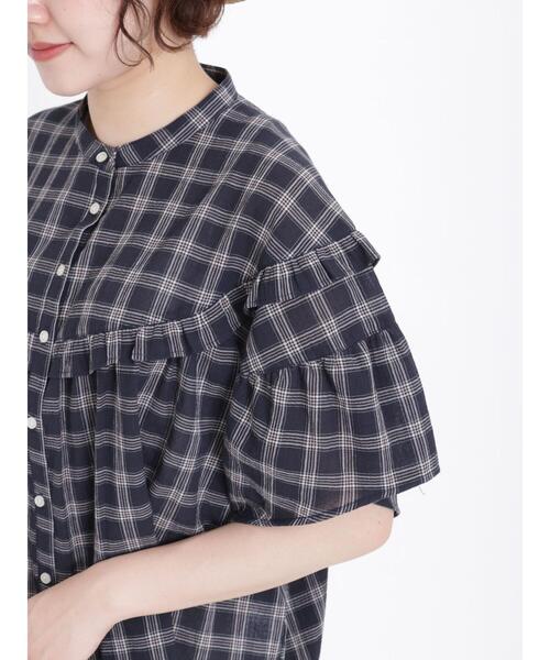 Samansa Mos2（サマンサ モスモス）の「柄アソートフリル切替ブラウス（シャツ/ブラウス・レディース・ネイビー/オフホワイト/ブルー/キナリ・F）」の10枚目の写真