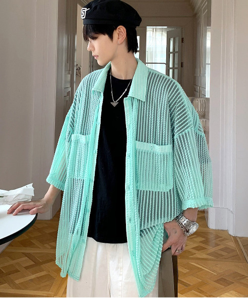【セール】【neos -addictive design-】ビッグシルエット ダブルポケット シアー メッシュ ストライプ ハーフスリーブ シャツ（シャツ/ブラウス）｜neos（ネオス）