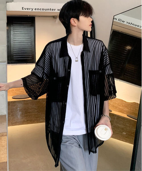 【セール】【neos -addictive design-】ビッグシルエット ダブルポケット シアー メッシュ ストライプ ハーフスリーブ シャツ（シャツ/ブラウス）｜neos（ネオス）