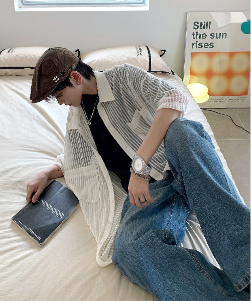 【セール】【neos -addictive design-】ビッグシルエット ダブルポケット シアー メッシュ ストライプ ハーフスリーブ シャツ（シャツ/ブラウス）｜neos（ネオス）
