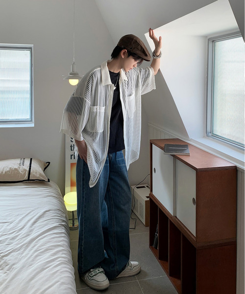 【セール】【neos -addictive design-】ビッグシルエット ダブルポケット シアー メッシュ ストライプ ハーフスリーブ シャツ（シャツ/ブラウス）｜neos（ネオス）