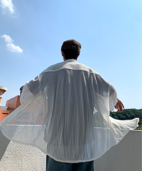 【セール】【neos -addictive design-】ビッグシルエット ダブルポケット シアー メッシュ ストライプ ハーフスリーブ シャツ（シャツ/ブラウス）｜neos（ネオス）