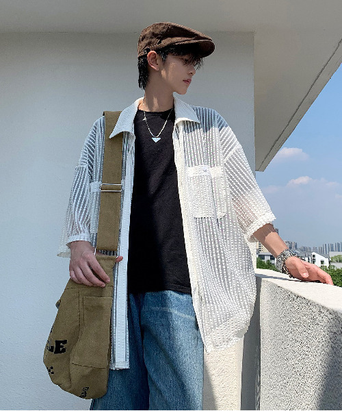 【セール】【neos -addictive design-】ビッグシルエット ダブルポケット シアー メッシュ ストライプ ハーフスリーブ シャツ（シャツ/ブラウス）｜neos（ネオス）